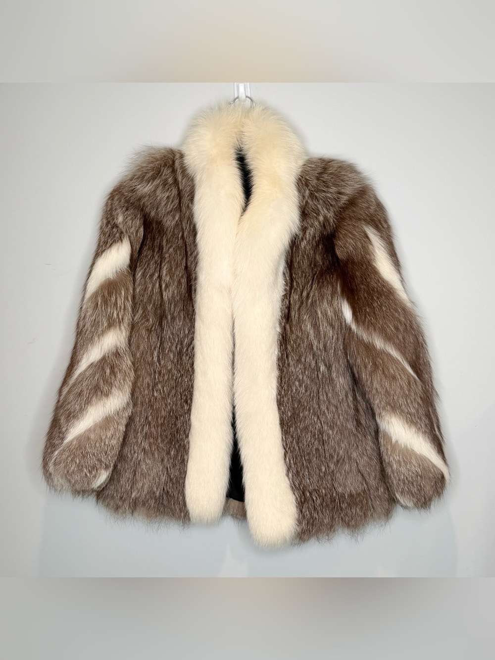 Vintage real fox fur brown/off white open front coat with pockets